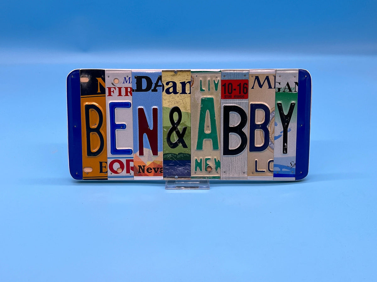 License plate art with 'Ben & Abby' on a blue background