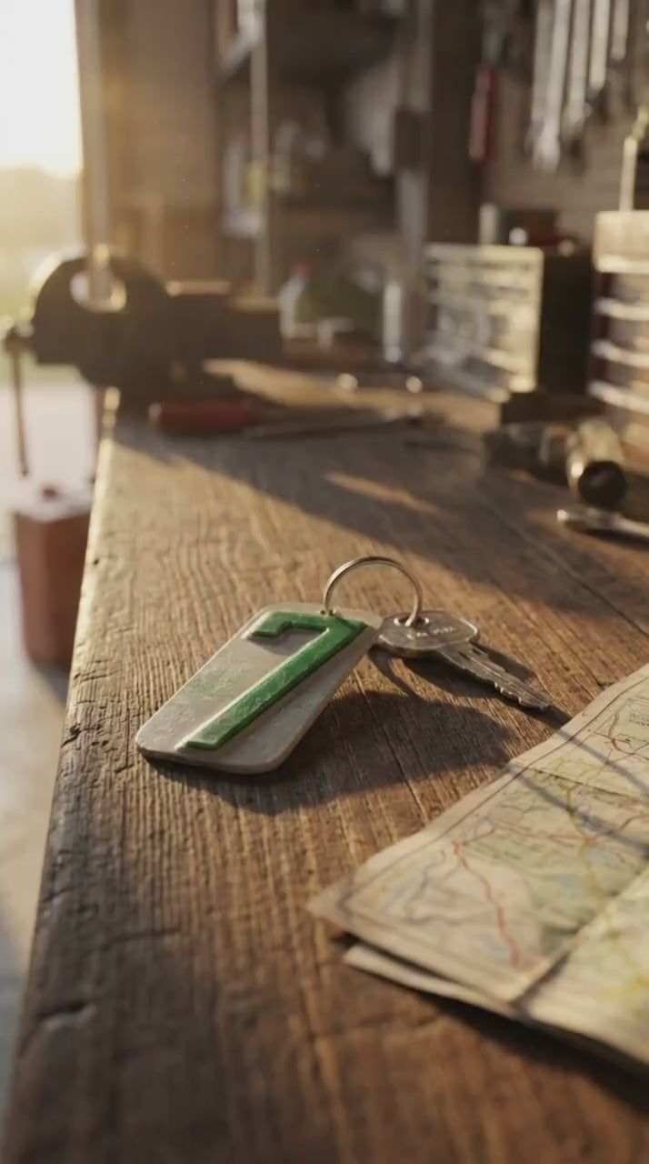 keyring  with 7 from a recycled license plate sitting on a old wood bench